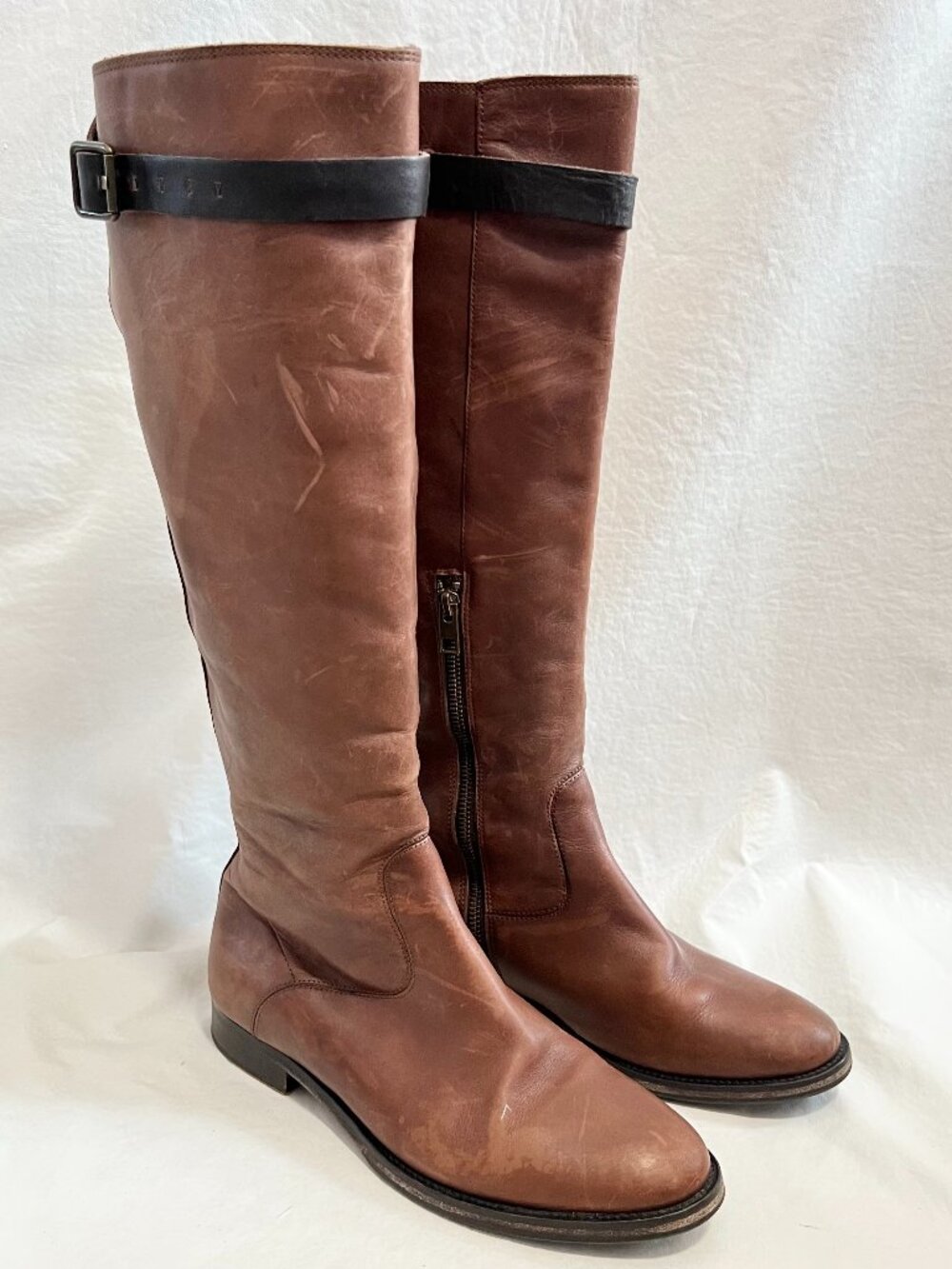 All Saints knee high boots brown leather straps 39 9 womens zip up tall riding